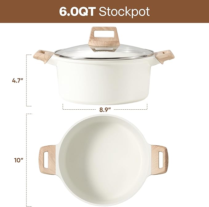 CAROTE 6 Qt Nonstick Stock Pot with Lid Soup Pot, 6 Quart Casserole with Lid, Easy to Clean Non Stick Cooking Pot Cookware PFOA Free, White Granite
