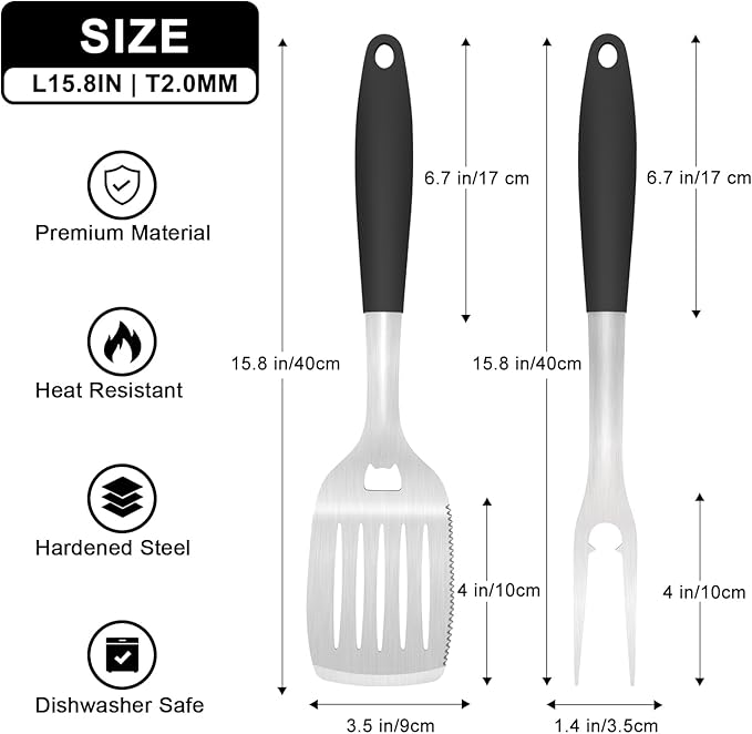 Grill Tools BBQ Accessories Set of 2, 15.8'' Heavy Duty Stainless Steel Grill Utensils with Grill Spatula and Fork, Full Tang Silicone Handle, Outdoor Grilling Tools Barbecue Accessories