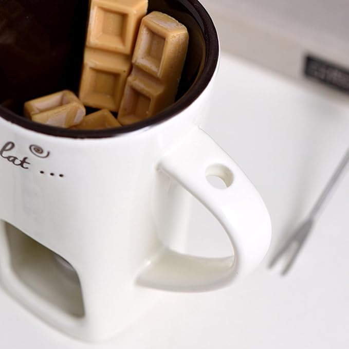 Ceramic Fondue Pot Set, Chocolate Mug With Forks, Perfect For Butter And Cheese Melting,Multipurpose,Personal Cheese Melting Cup