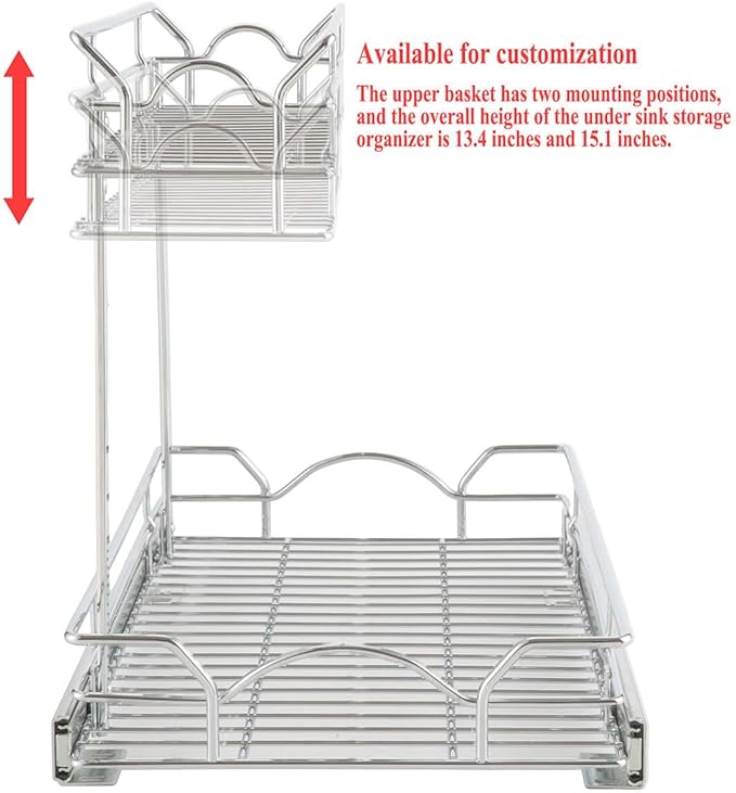 OCG Under Sink Cabinet Organizer Two Tier Pull Out Shelf (11.75W x21D), Under Sink Sliding Shelf for Kitchen Bathroom Cabinet 2 Tier Chrome