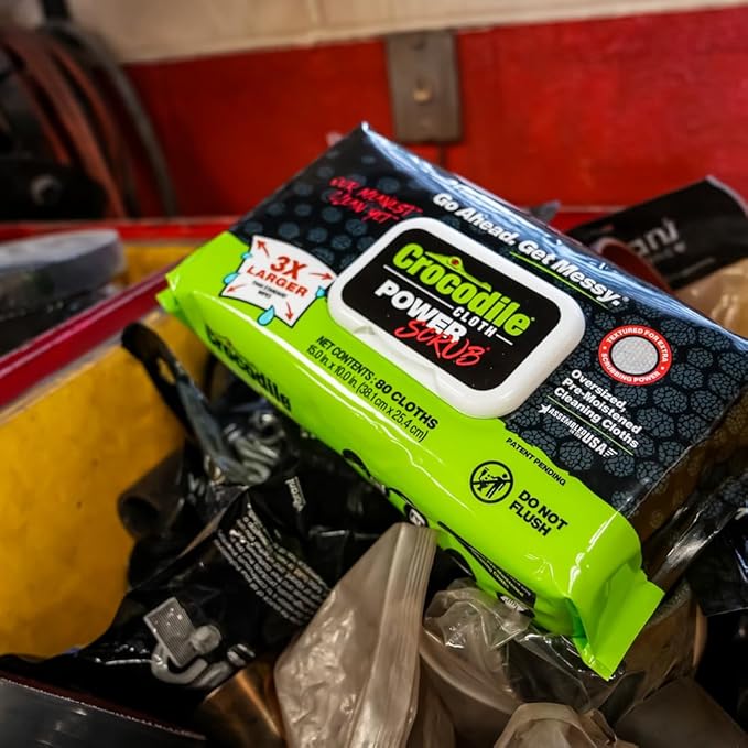 Crocodile Cloth PowerSCRUB Cleaning Wipes – 80 (15" x 10") Dual-Surface Cloths, Heavy-Duty, Moist, Absorbent, & Disposable - Safe on Skin & Multiple Surfaces