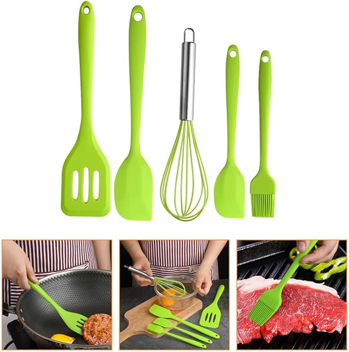 VICASKY 5pcs Silicone Kitchen Utensil Set with Spatula, Whisk, and Scraper, Heat Resistant Nonstick Cooking Gadgets for Baking and Food Preparation, Green