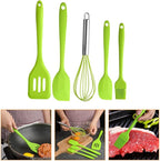 VICASKY 5pcs Silicone Kitchen Utensil Set with Spatula, Whisk, and Scraper, Heat Resistant Nonstick Cooking Gadgets for Baking and Food Preparation, Green