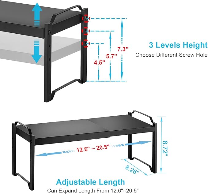 2 Pack Expandable Cabinet Countertop Shelves, Stackable Shelves Organizers For Kitchen Cabinet Countertop Storage, Adjustable Counter Cupboard Pantry Organizer Shelf Rack Stand, Length:20.5"