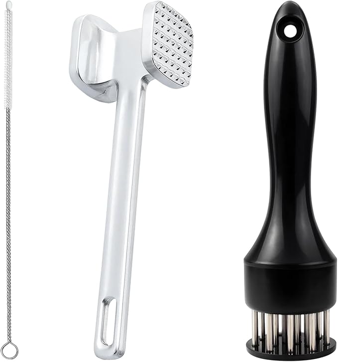2 Pack Meat Tenderizer Set with Cleaning Brush, 21 Needle Stainless Steel Meat Tenderizer Tool Plus Small Square Head Meat Hammer for Chicken, Steak and Beef Preparation, Black Storage Bag Included
