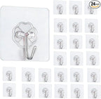 Adhesive Hooks - Heavy Duty Sticky Wall Hooks for Hanging, Removable Waterproof Hooks for Bathroom Kitchen, Damage-Free Transparent Hooks 24pcs