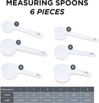 Measure spoons | measuring spoons set of 6 | exact dosing 3 gram scoop, 5 gram scoop, 7,5g, 10g, 15g, 30g | kitchen measuring set for powder and liquids | plastic medicine spoon and cups