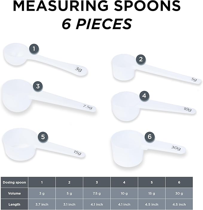 Measure spoons | measuring spoons set of 6 | exact dosing 3 gram scoop, 5 gram scoop, 7,5g, 10g, 15g, 30g | kitchen measuring set for powder and liquids | plastic medicine spoon and cups