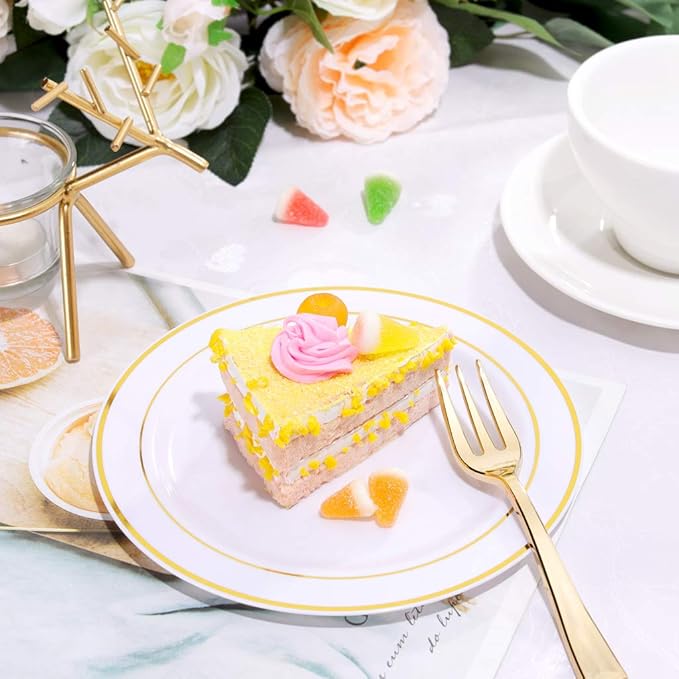 bUCLA 100Pieces Gold Plastic Plates - 6.25inch White with Gold Rim Disposable Salad/Dessert/Appetizer/Small Cake Plates Premium Hard - Ideal for Wedding, Party & Thanksgiving