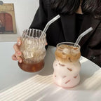 Mixed Drinkware Sets Glass Cups Set of 2 with Glass Straw, 18 Oz Drinking Glassware, Wave Shape Design, Bubble Cups for Iced Coffee, Juice, Beverage, Milk, Cocktails, Tea, Gift for Women Men