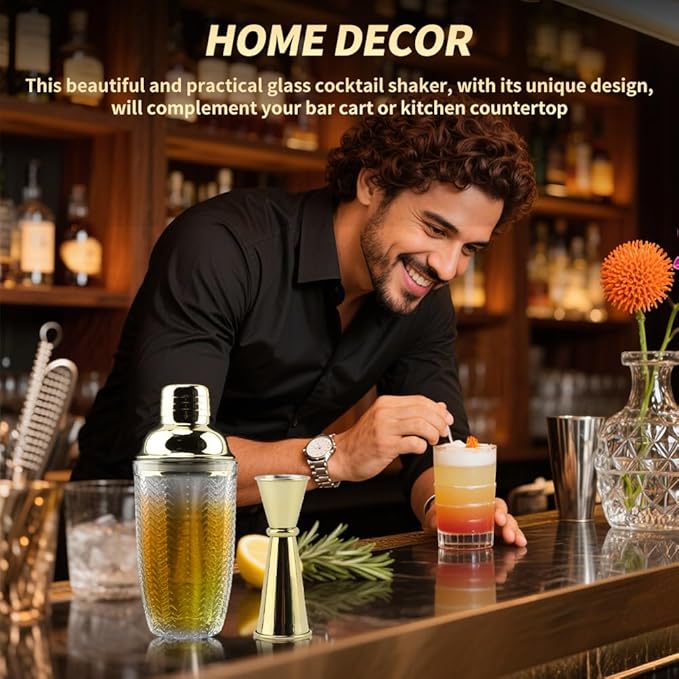 Glass Cocktail Shaker Set, Glass Bartender Kit with Measuring Jigger, Mixing Spoon, and Muddle, Premium Bar Tool Set for Crafting Martinis & Whiskey Cocktails Home Bar Accessories