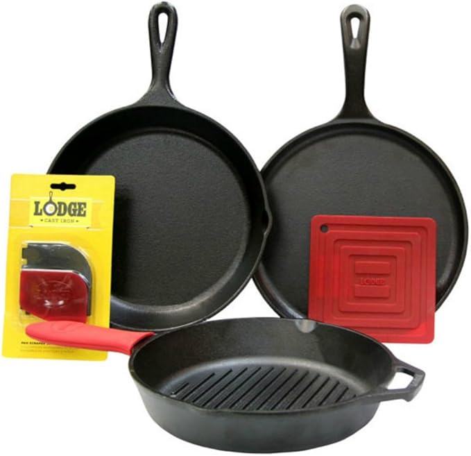 Lodge Cast Iron Set - Pre-Seasoned Kitchen Essentials Set - Skillet, Griddle & Dutch Oven Included - PFAS-Free Non-Toxic Cookware - 7-Piece Set