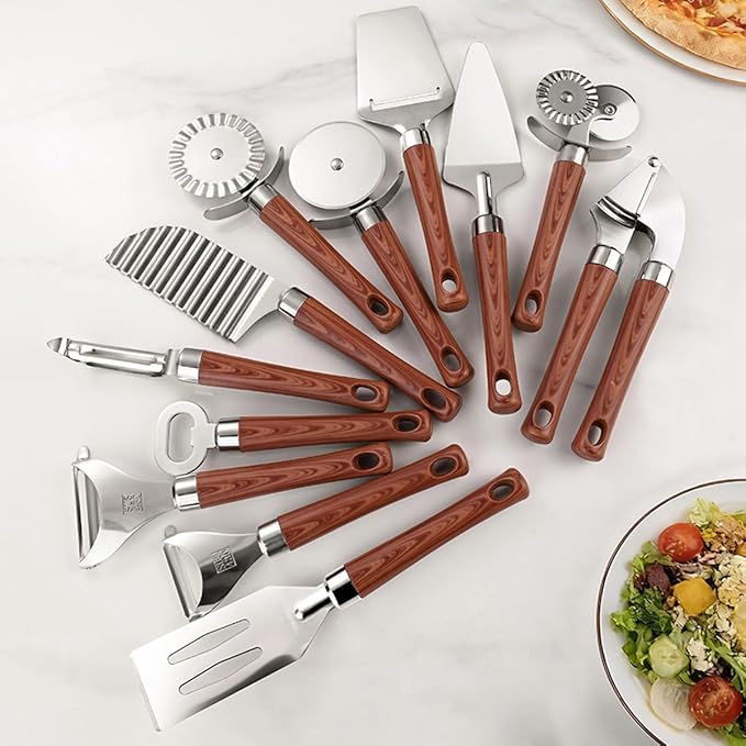 9-Piece Kitchen Tools and Gadgets Set with Wood Imitation Handle BRIIEC Stainless Steel Cooking Utensils Kitchen Accessories Includes Can Opener Garlic Press Peeler