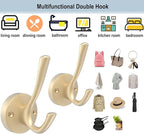 Gold Wall Hooks, 6 Pack Coat Robe Hook Heavy Duty Metal Double Bath Hook Wall Mounted, Hand Towel Hooks for Cubicle Bathroom Kitchen Closet Garage
