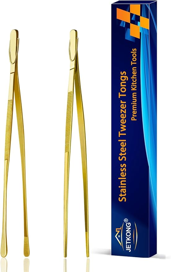 JETKONG 2 Pcs 9-Inch Cooking Tweezers Stainless Steel Food Tweezers Kitchen Tweezer Tongs (Gold)