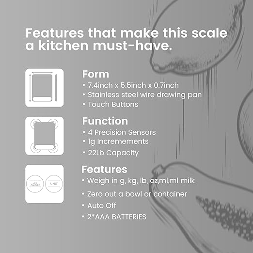 Food Scale, 22lb Ultra-Thin Digital Kitchen Scale, 1g/0.05oz Accuracy Ideal for Baking, Cooking, and Weight Loss Features 6 Measurement Units and LCD Display,Black,Easy to Clean, Batteries Included