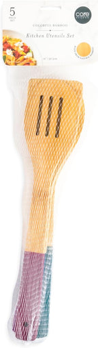 5 Piece Bamboo Kitchen Utensil Set - Includes Spoon, Slotted Spoon, Spork, Spatula and Solid Turner - Florence
