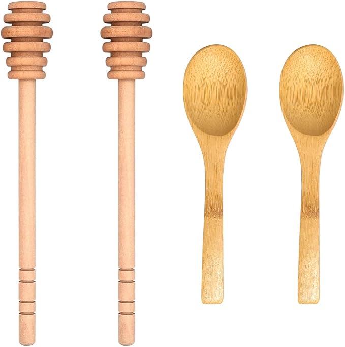 4PCS Honey Mixing Stirrer, Wooden Honey Dipper, Smooth Honey Comb Stick, Honey Spoon Collecting Dispensing Drizzling Jam (2S2Spoon)