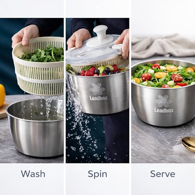 Stainless Steel Salad Spinner, 6L Heavy-Duty Lettuce Dryer with Smooth Spin Handle, Large Vegetable Washer & Fruit Rinse Bowl, Non-Slip Base