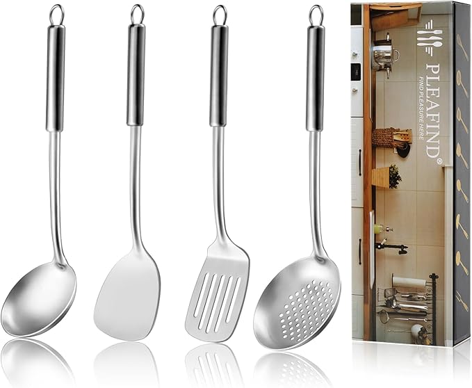 Pleafind Cooking Utensils Set - 4 Pcs Stainless Steel Kitchen Utensils, Wok Utensils Set Include Wok Ladle, Wok Spatula, Slotted Spoon and Slotted Spatula, Dishwasher Safe