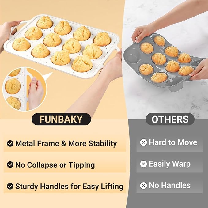Silicone Muffin Pans for Baking, Metal Reinforced Frame 12 Cups Regular Size Silicone Cupcake Pan Nonstick Muffin Tin for Baking Muffin, Cupcake, Frittatas,BPA Free, Silicone Molds Dishwasher Safe