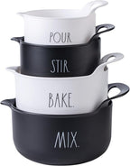 Rae Dunn Non-Slip Mixing Bowls - 4 Piece Nesting Plastic Mixing Bowl Set with Pour Spouts and Handles-Measurement Markings (Black)