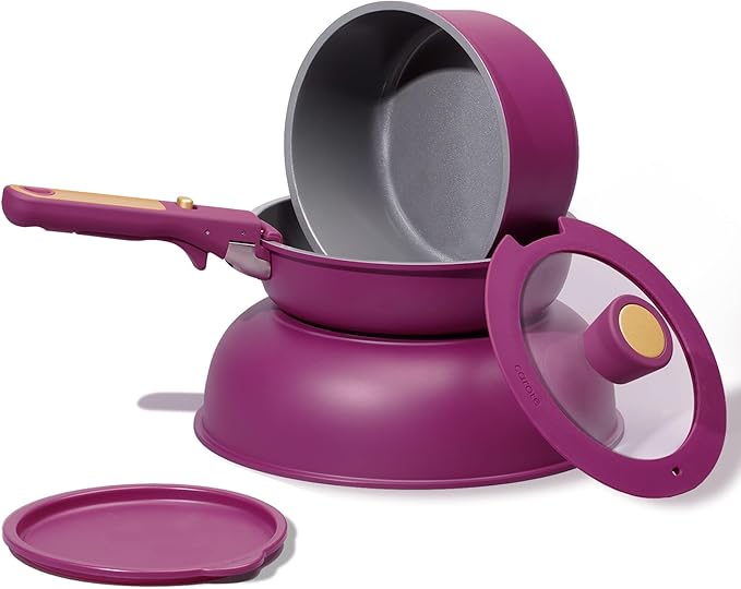 CAROTE Ceramic Pots and Pans Set, Nonstick Cookware Set Detachable Handle, 6pcs Induction Kitchen Cookware Sets Non Stick with Removable Handle, RV Cookware Set, Oven Safe, Purple