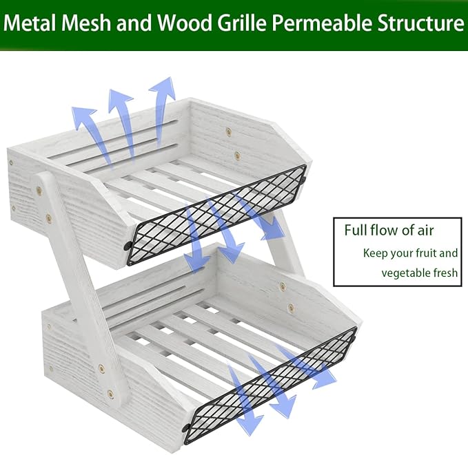 Dorhors Fruit Basket for Kitchen, 2 Tier Fruit Bowl,Kitchen Counter Organizer,Wooden Vegetable Holder for Countertop,Bread Storage Basket Stand (Rustic White)