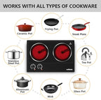 CUSIMAX Double Burner, 1800W Ceramic Electric Hot Plate for Cooking, Dual Control Infrared Cooktop, Portable Countertop Burner, Glass Plate Electric Cooktop, Stainless Steel Black