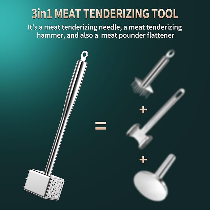 316 Stainless Steel 3in1 Meat Tenderizer Tool, BOMANSI BOMS Heavy Duty 1.52lb Meat Mallet Hammer Pounder Ideal for Tenderizing Steak, Poultry & Chicken Cutlet, Dishwasher Safe