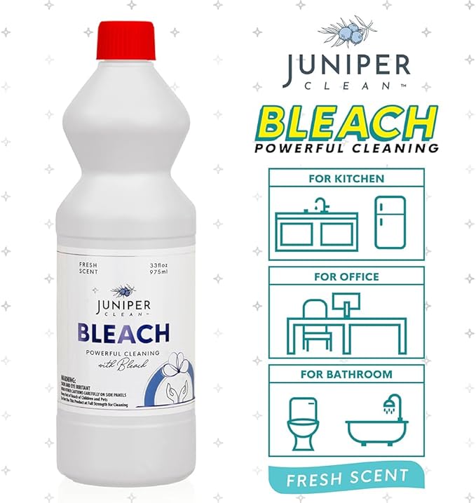 Juniper, 33 Fl Oz Liquid Bleach for Bright Whites, Fresh Scent Surface Cleaner for Bathroom, Kitchen, All Purpose Cleaner with Bleach (Pack of 12), Total 396 Ounce