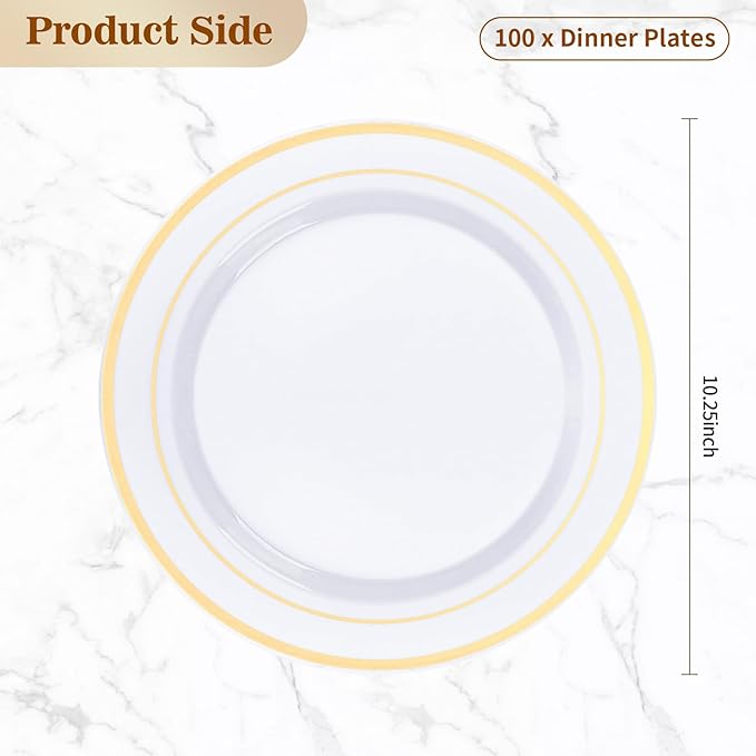 BESTVIP 100PCS Gold Plastic Plates, 10.25 Inch Disposable Dinner Plate Party with Gold Rim for Christmas, Thanksgiving, Heavy Duty Disposable Plastic Plates for Party, Wedding and Birthday, Events