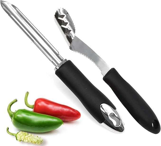 Jalapeno Pepper Corer, Set of 2, Stainless Steel Zucchini Cucumber Corer with Serrated Slice and Rubber Handle, Core Deseeder for Jalapenos, Chilis, Bell Peppers