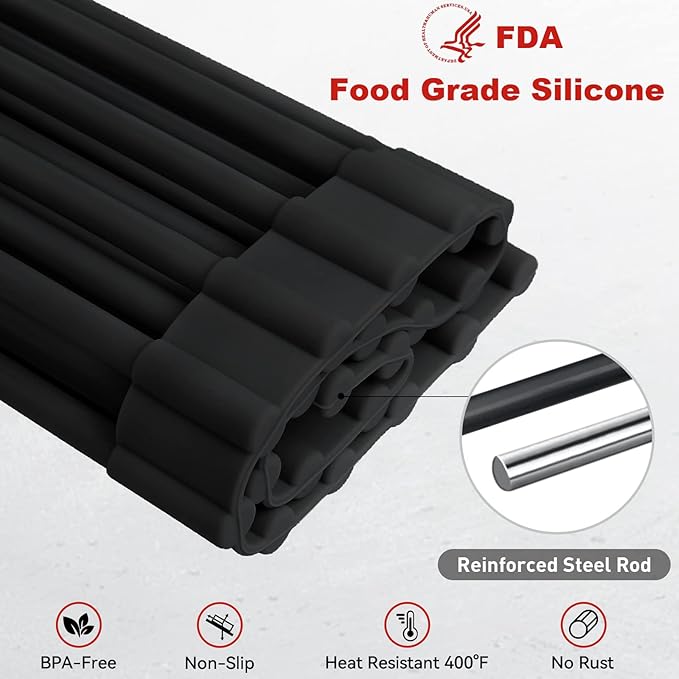 MERRYBOX Roll Up Over The Sink Dish Drying Rack Silicone Wrapped Foldable, Heat-Resistant, Anti-Slip Sink Rack Multipurpose Dish Drainer for Kitchen Sink Counter - Black, 17.5" x 11"