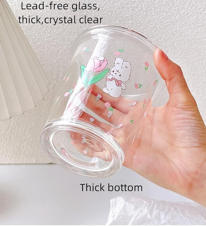 Set of 2 12 OZ French Drinking Glasses Floral Glass Coffee Cup Cute Tulip Rabbit Glass Cups for Iced Tea,Juice,Coffee,Latte,Milk,Dessert,Stackable Glassware Drinkware Set