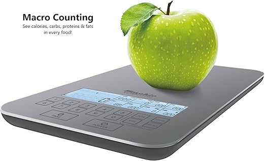 NutraTrack™ Food Scale with Nutrition Calculator, Standalone Calorie Scale for Meal Prep Weight Loss, 999 Pre-Loaded & 999 Custom Food Codes Compact Kitchen Scale Battery Operated 11lb Capacity Silver