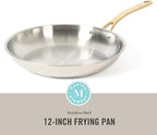 Martha Stewart Castelle 12-Inch Stainless Steel Frying Pan with Gold-Tone Handle – Tri-Ply Encapsulated Bottom, Oven Safe & Induction Safe Skillet for Searing and Sautéing