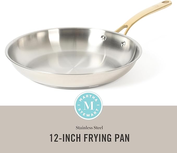 Martha Stewart Castelle 12-Inch Stainless Steel Frying Pan with Gold-Tone Handle – Tri-Ply Encapsulated Bottom, Oven Safe & Induction Safe Skillet for Searing and Sautéing