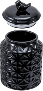 MyGift 6 Inch Round Black Ceramic Cookie Jar with Airtight Lid and Bird Shape Top Handle, Vintage Style Kitchen Canister with Embossed Geometric Star Pattern