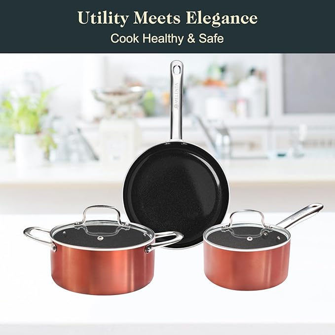M MELENTA Pots and Pans Set Non Stick, 7 Piece Ceramic Cookware Set, Non Toxic Kitchen Induction Cookware Sets, Pots and Pans Cooking Set with Oven Safe Handle, 100% PFOA Free, Copper
