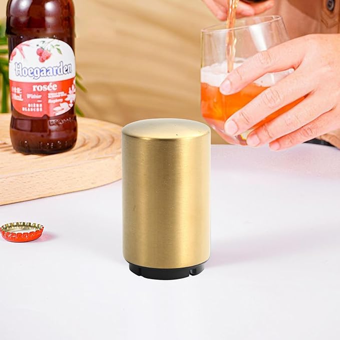 Automatic Beer Bottle Opener with Magnetic Cap, Stainless Steel One-Handed Lid Opening Spring Loaded Push&Pop Bottle Opener for Home Bars Picnic Camping Hiking（2PCS）