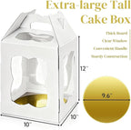 6 Pieces Tall Cake Boxes for Tier Cakes, 10''W x 10''L x 12''H Paper Bakery Carrier with Cake Board Window Handle, Disposable Large Layer Cake Safe Transport Box for Birthday, Wedding, Party