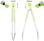 304 Stainless Steel Kitchen Cooking Tongs, 12" and 14" Set of 2 Sturdy Grilling Barbeque Brushed Locking Food Tongs with Ergonomic Grip, Green