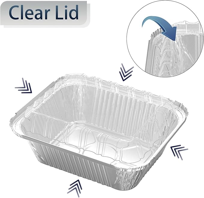 iHomeSet 50 Pack 2 lb Rectangular Disposable Aluminum Foil Pan 32 oz Take Out Food Containers with Clear Plastic Dome Lids, for Catering, Baking, Roasting Food
