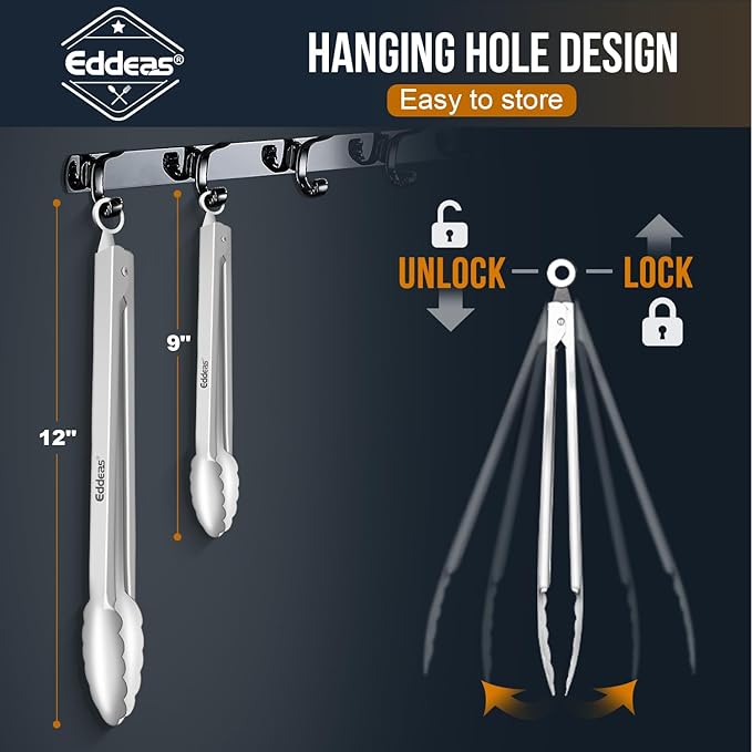 Eddeas All Metal Tongs For Cooking - Heat Resistant 600 Degrees Stainless Steel Kitchen Tongs, Set of 2-9" & 12 inch, Locking Tongs, For Food,Salad, BBQ, Grilling, Dishwasher safe