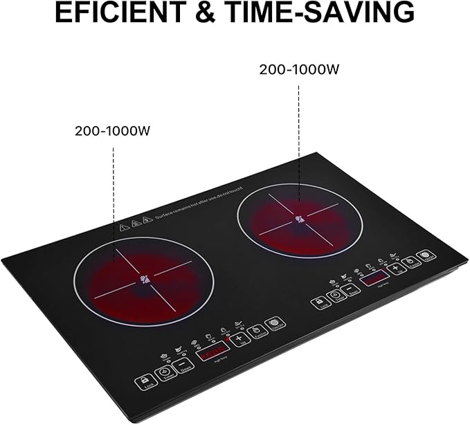24 inch 2 Burners Electric Cooktop 110V Ceramic Electric Stove with 2 Cooktops 2200W Ajustable portable Electric Cooktop for Cooking(2 Burner Countertop)