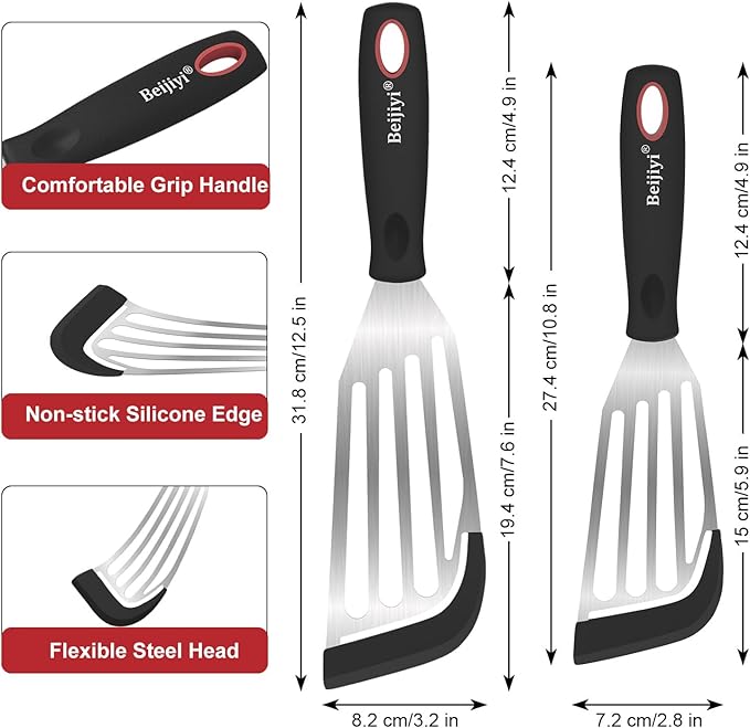 Beijiyi Fish Spatula Turner Set of 2, Heat Resistant Silicone Edge Slotted Fish Spatulas for Nonstick Cookware, Flexible and Thin Stainless Steel Kitchen Cooking Spatula Flipper for Fish, Egg, Pancake
