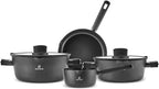 Karaca Swiss Crystal Ceramic Midnight Cookware Set - Non Stick Pots and Pans Set with Lid - PFAS-Free, Dishwasher Safe, Induction Hob Compatible Cookware, Black, 6 Piece