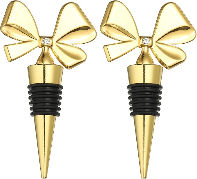 uxcell 2 Pcs Bow Wine Stopper, Reusable Wine Stoppers Airtight Leak-proof Bottle Plugs Liquor Saver Beer Beverage Glass Bottles Stopper for Bar Holiday Party Home Decor, Gold