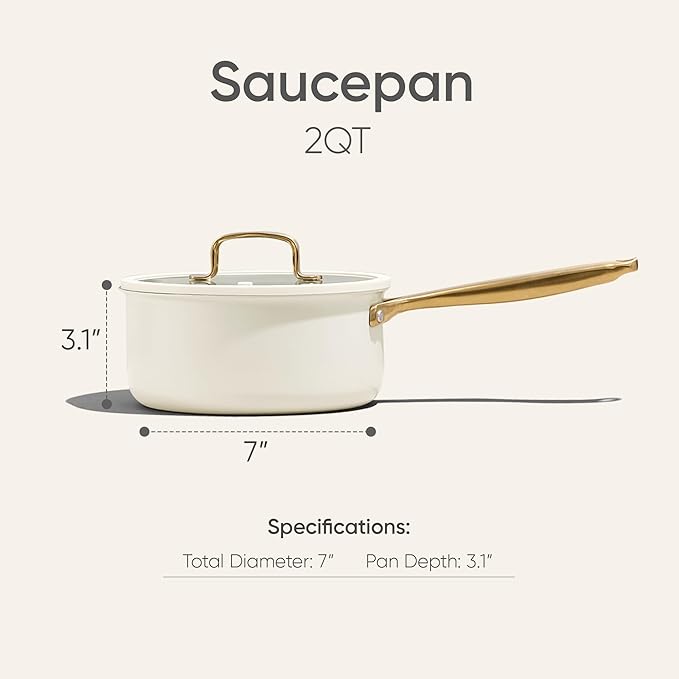 CAROTE 2Qt Stainless Steel Saucepan, Non-Toxic Cookware with Lids,Outer Ceramic Layer,Small Cooking Pot, Even Heating, Fits All Stoves,Oven & Dishwasher Safe,White